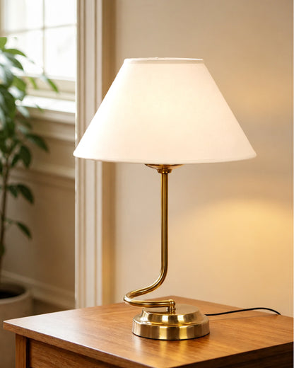 Homesake® Modern Brass Finish Table Lamp with Retro Khadi Fabric Shade | Decorative Bedside Night Lamp for Bedroom, Living Room, Study Table, Office & Home Décor | Warm Ambient Light