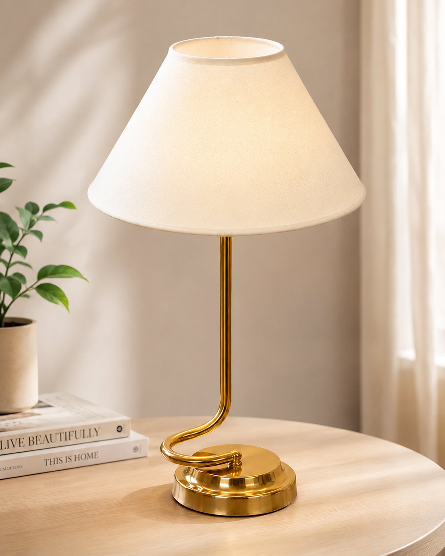 Homesake® Modern Brass Finish Table Lamp with Retro Khadi Fabric Shade | Decorative Bedside Night Lamp for Bedroom, Living Room, Study Table, Office & Home Décor | Warm Ambient Light