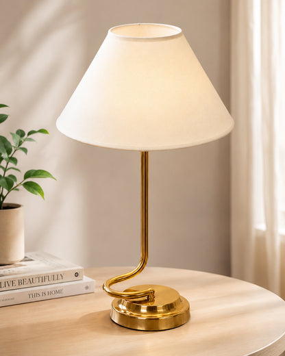 Homesake® Modern Brass Finish Table Lamp with Retro Khadi Fabric Shade | Decorative Bedside Night Lamp for Bedroom, Living Room, Study Table, Office & Home Décor | Warm Ambient Light