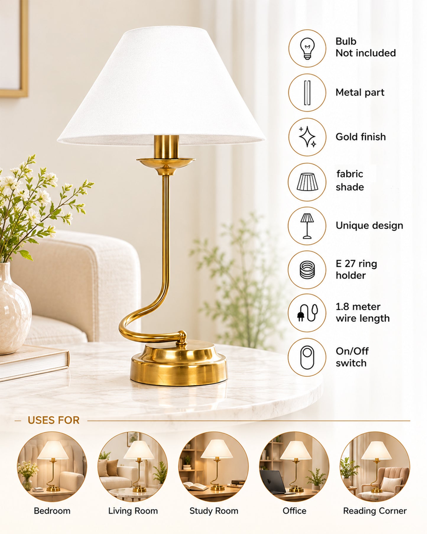 Homesake® Modern Brass Finish Table Lamp with Retro Khadi Fabric Shade | Decorative Bedside Night Lamp for Bedroom, Living Room, Study Table, Office & Home Décor | Warm Ambient Light