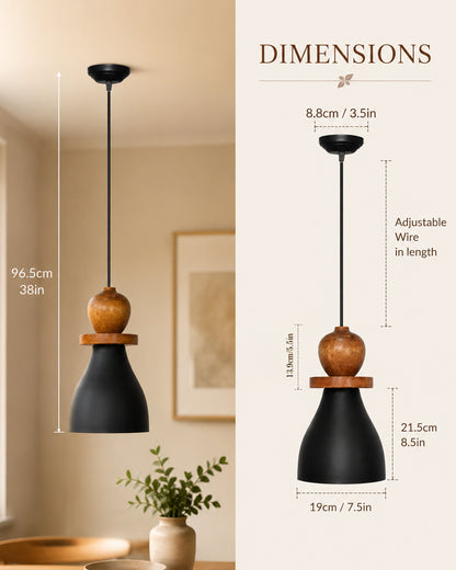 Scandinavian Wooden Pendant Light with Black Metal Shade | Modern Mango Wood Hanging Ceiling Lamp for Kitchen Island, Dining Room, Living Room, Bedroom, Café, Restaurant & Home Decor