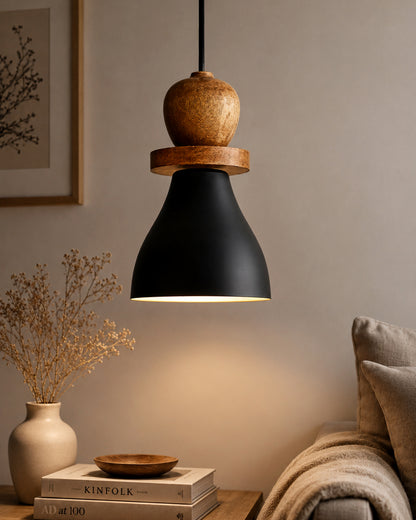 Scandinavian Wooden Pendant Light with Black Metal Shade | Modern Mango Wood Hanging Ceiling Lamp for Kitchen Island, Dining Room, Living Room, Bedroom, Café, Restaurant & Home Decor