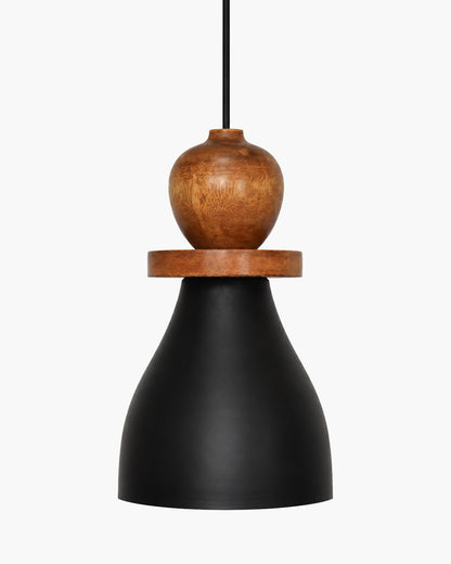 Scandinavian Wooden Pendant Light with Black Metal Shade | Modern Mango Wood Hanging Ceiling Lamp for Kitchen Island, Dining Room, Living Room, Bedroom, Café, Restaurant & Home Decor
