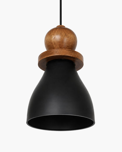 Scandinavian Wooden Pendant Light with Black Metal Shade | Modern Mango Wood Hanging Ceiling Lamp for Kitchen Island, Dining Room, Living Room, Bedroom, Café, Restaurant & Home Decor