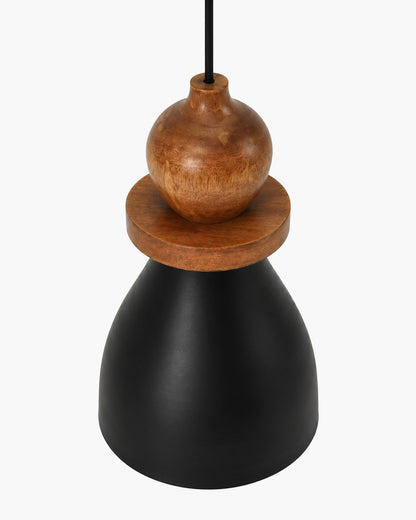 Scandinavian Wooden Pendant Light with Black Metal Shade | Modern Mango Wood Hanging Ceiling Lamp for Kitchen Island, Dining Room, Living Room, Bedroom, Café, Restaurant & Home Decor