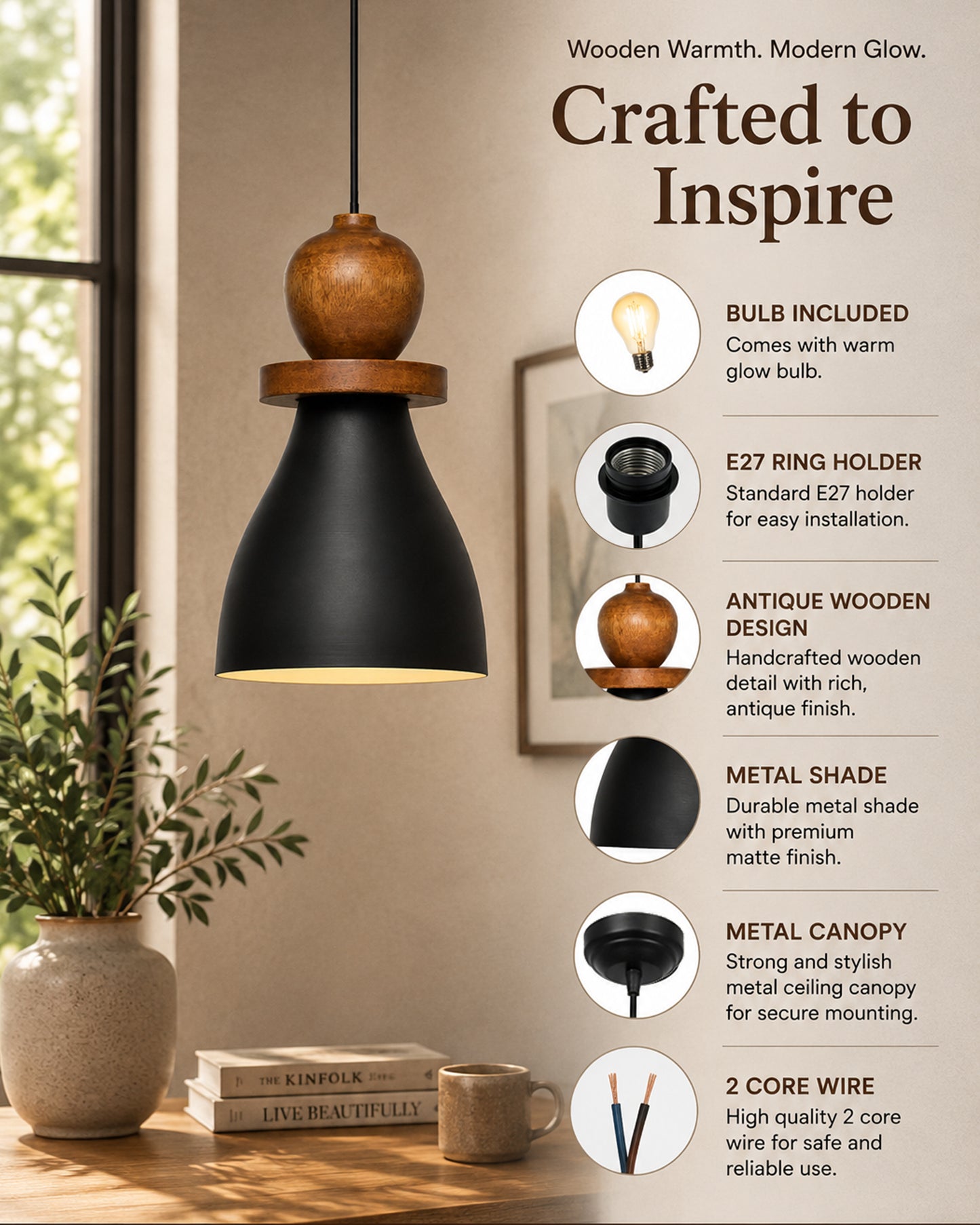 Scandinavian Wooden Pendant Light with Black Metal Shade | Modern Mango Wood Hanging Ceiling Lamp for Kitchen Island, Dining Room, Living Room, Bedroom, Café, Restaurant & Home Decor