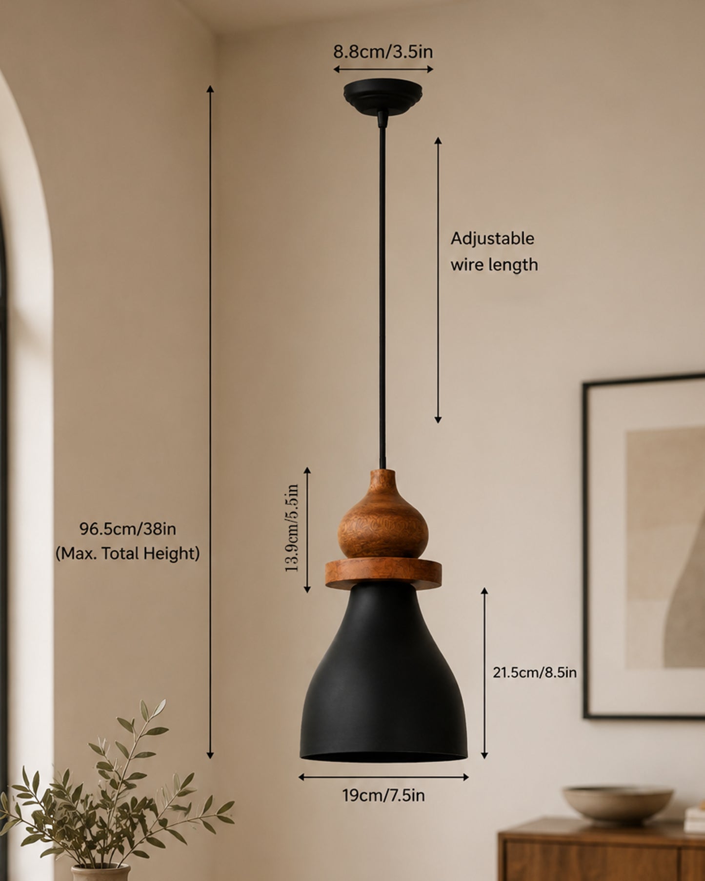 Scandinavian Wooden Pendant Light with Black Metal Shade | Modern Mango Wood Hanging Ceiling Lamp for Kitchen Island, Dining Room, Living Room, Bedroom, Café, Restaurant & Home Decor