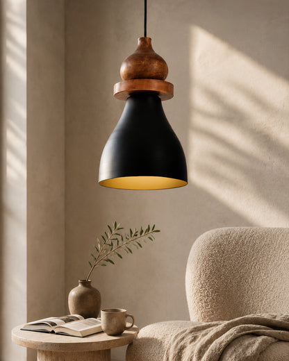Scandinavian Wooden Pendant Light with Black Metal Shade | Modern Mango Wood Hanging Ceiling Lamp for Kitchen Island, Dining Room, Living Room, Bedroom, Café, Restaurant & Home Decor