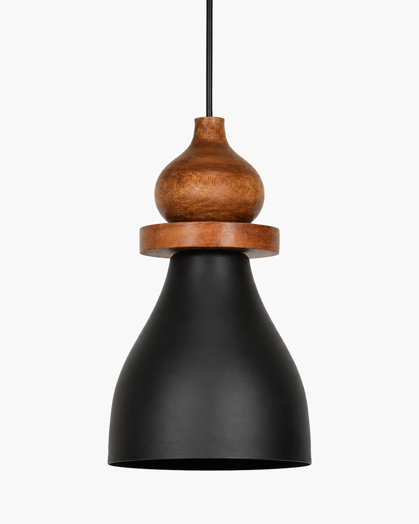 Scandinavian Wooden Pendant Light with Black Metal Shade | Modern Mango Wood Hanging Ceiling Lamp for Kitchen Island, Dining Room, Living Room, Bedroom, Café, Restaurant & Home Decor