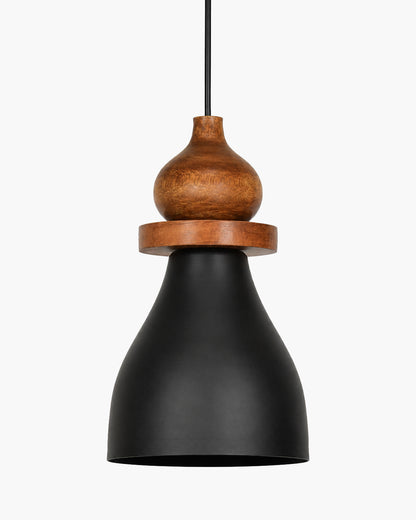 Scandinavian Wooden Pendant Light with Black Metal Shade | Modern Mango Wood Hanging Ceiling Lamp for Kitchen Island, Dining Room, Living Room, Bedroom, Café, Restaurant & Home Decor