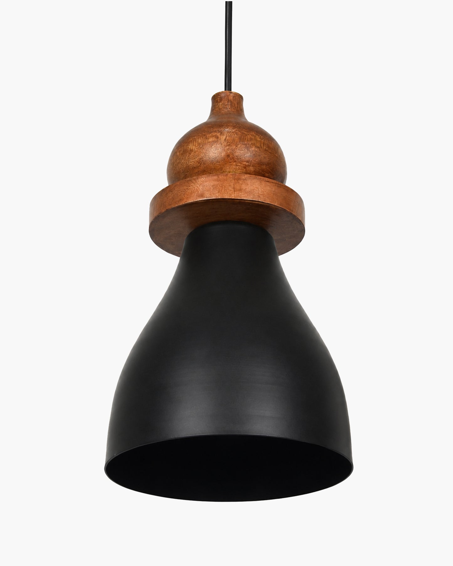 Scandinavian Wooden Pendant Light with Black Metal Shade | Modern Mango Wood Hanging Ceiling Lamp for Kitchen Island, Dining Room, Living Room, Bedroom, Café, Restaurant & Home Decor