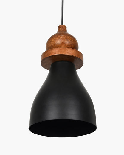 Scandinavian Wooden Pendant Light with Black Metal Shade | Modern Mango Wood Hanging Ceiling Lamp for Kitchen Island, Dining Room, Living Room, Bedroom, Café, Restaurant & Home Decor