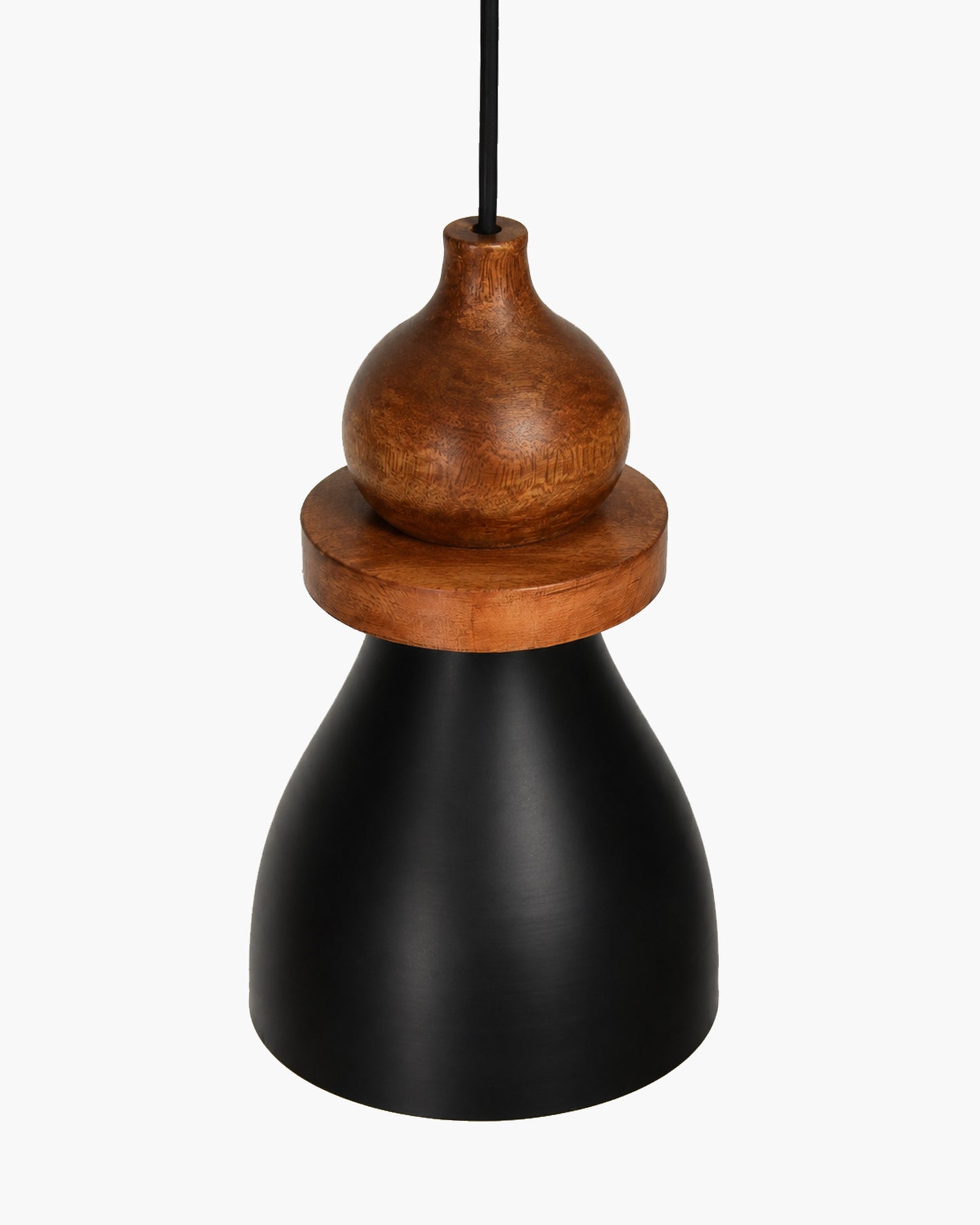 Scandinavian Wooden Pendant Light with Black Metal Shade | Modern Mango Wood Hanging Ceiling Lamp for Kitchen Island, Dining Room, Living Room, Bedroom, Café, Restaurant & Home Decor