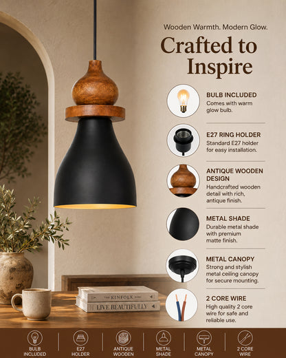 Scandinavian Wooden Pendant Light with Black Metal Shade | Modern Mango Wood Hanging Ceiling Lamp for Kitchen Island, Dining Room, Living Room, Bedroom, Café, Restaurant & Home Decor