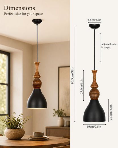 Scandinavian Wooden Pendant Light with Black Metal Shade | Modern Mango Wood Hanging Ceiling Lamp for Kitchen Island, Dining Room, Living Room, Bedroom, Café, Restaurant & Home Decor