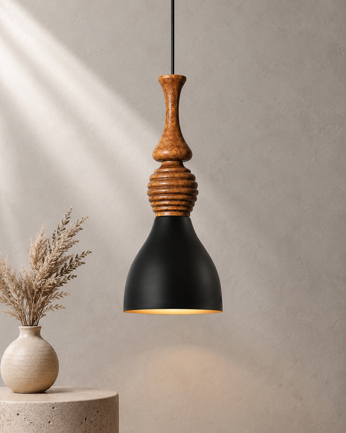 Scandinavian Wooden Pendant Light with Black Metal Shade | Modern Mango Wood Hanging Ceiling Lamp for Kitchen Island, Dining Room, Living Room, Bedroom, Café, Restaurant & Home Decor