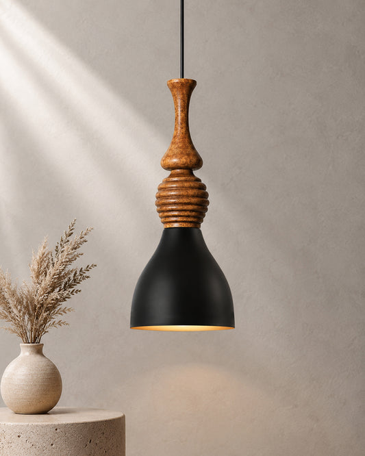 Scandinavian Wooden Pendant Light with Black Metal Shade | Modern Mango Wood Hanging Ceiling Lamp for Kitchen Island, Dining Room, Living Room, Bedroom, Café, Restaurant & Home Decor