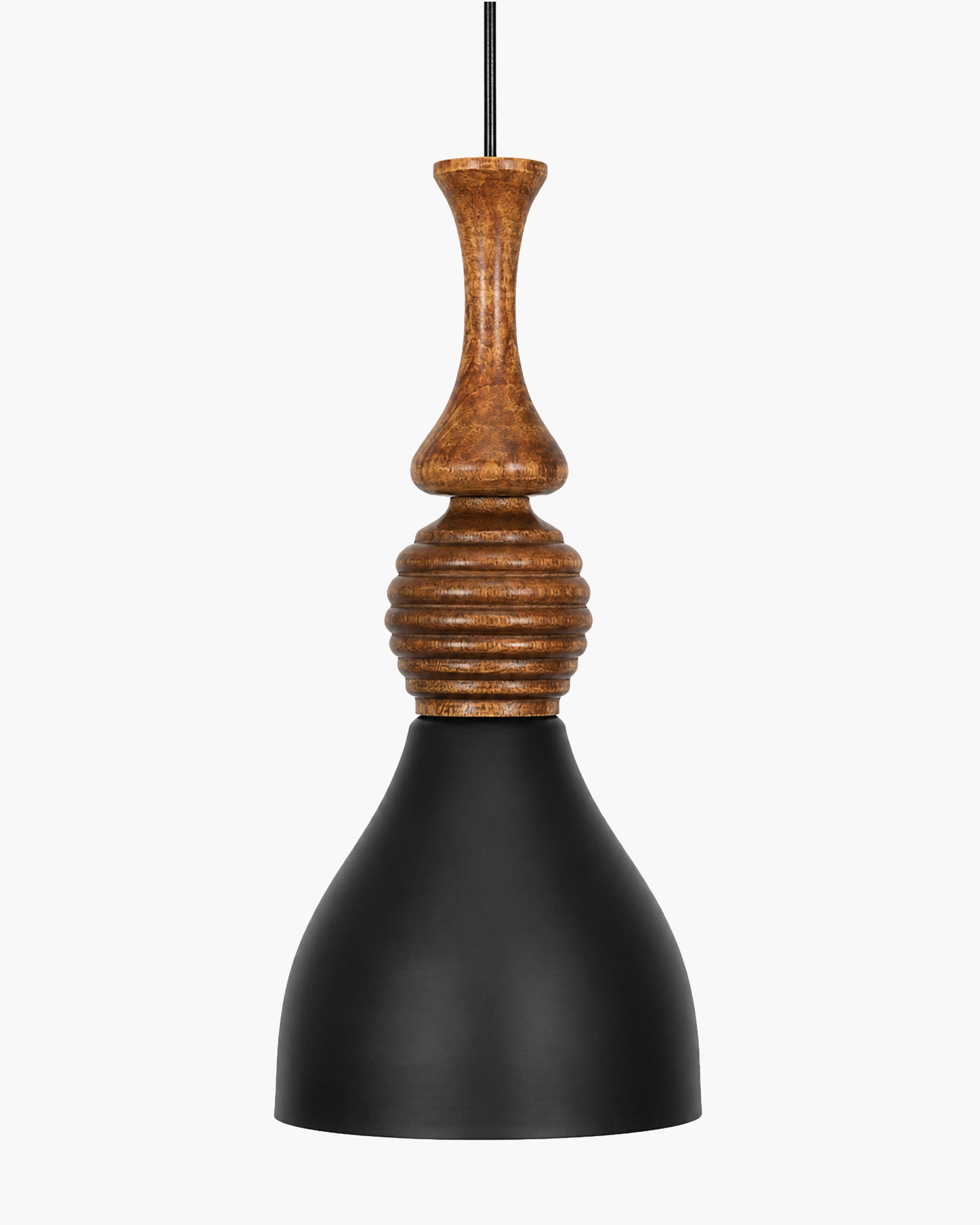 Scandinavian Wooden Pendant Light with Black Metal Shade | Modern Mango Wood Hanging Ceiling Lamp for Kitchen Island, Dining Room, Living Room, Bedroom, Café, Restaurant & Home Decor