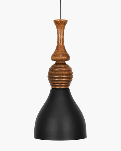 Scandinavian Wooden Pendant Light with Black Metal Shade | Modern Mango Wood Hanging Ceiling Lamp for Kitchen Island, Dining Room, Living Room, Bedroom, Café, Restaurant & Home Decor
