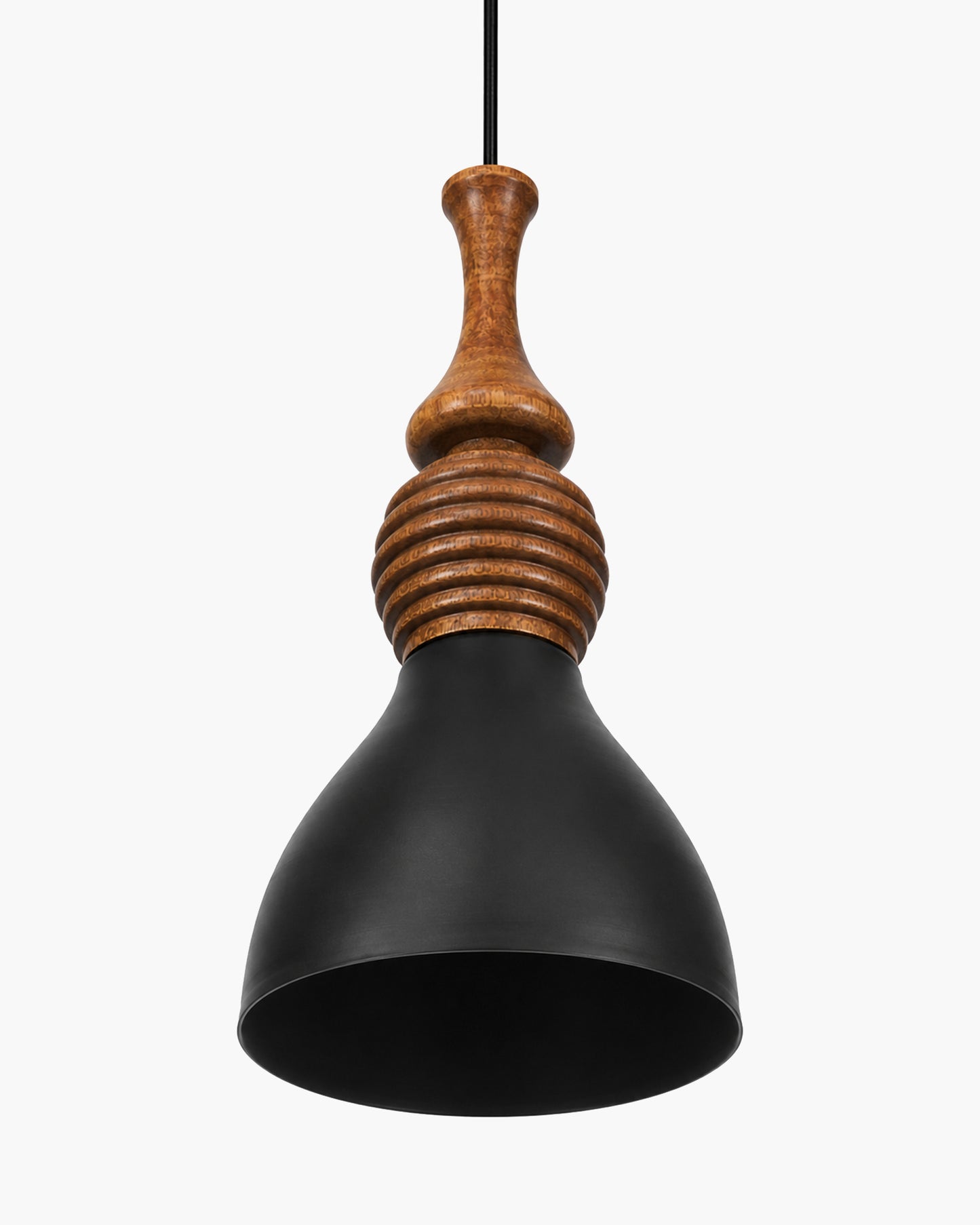 Scandinavian Wooden Pendant Light with Black Metal Shade | Modern Mango Wood Hanging Ceiling Lamp for Kitchen Island, Dining Room, Living Room, Bedroom, Café, Restaurant & Home Decor