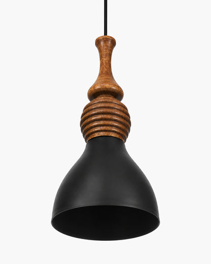 Scandinavian Wooden Pendant Light with Black Metal Shade | Modern Mango Wood Hanging Ceiling Lamp for Kitchen Island, Dining Room, Living Room, Bedroom, Café, Restaurant & Home Decor