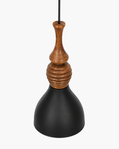 Scandinavian Wooden Pendant Light with Black Metal Shade | Modern Mango Wood Hanging Ceiling Lamp for Kitchen Island, Dining Room, Living Room, Bedroom, Café, Restaurant & Home Decor