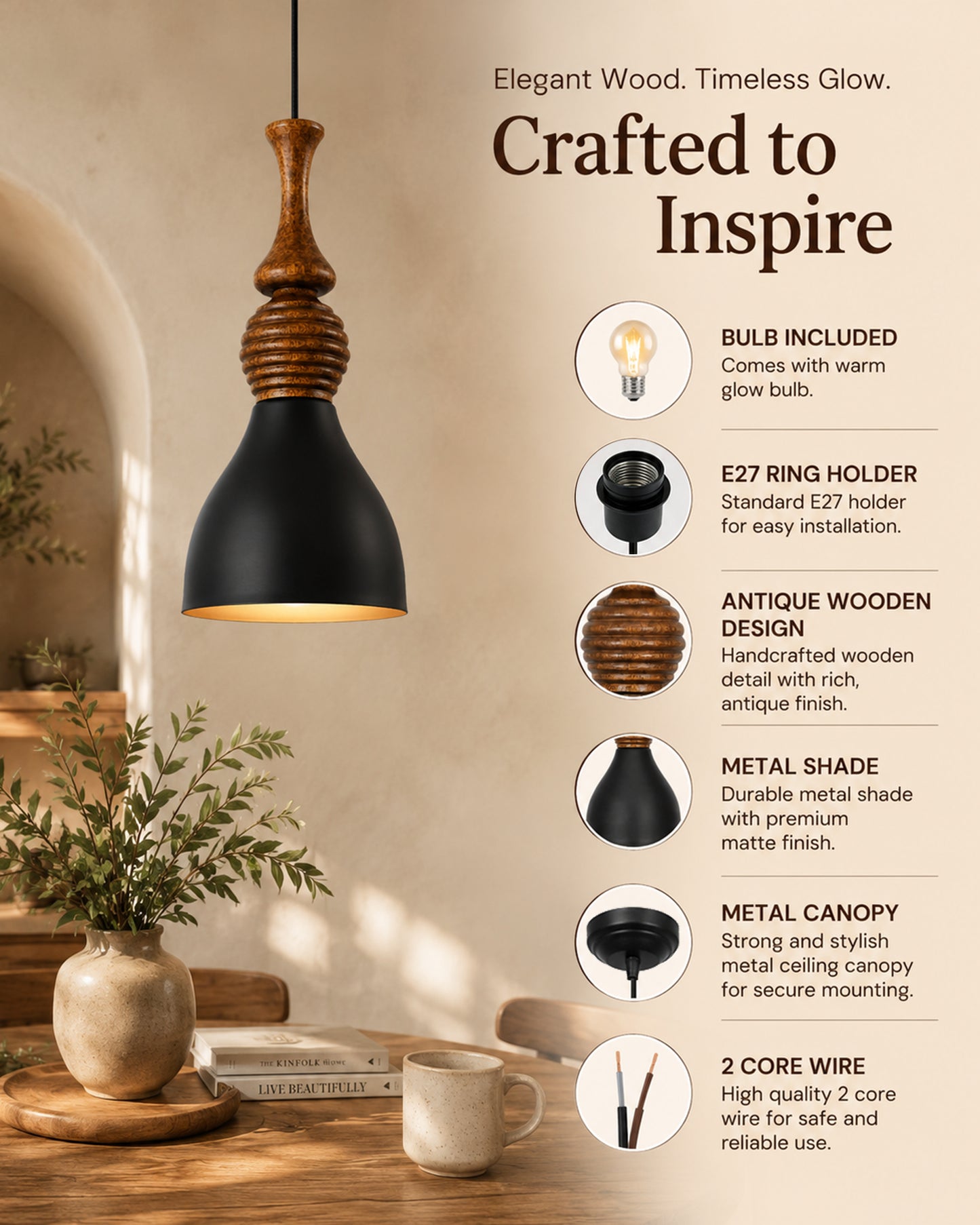 Scandinavian Wooden Pendant Light with Black Metal Shade | Modern Mango Wood Hanging Ceiling Lamp for Kitchen Island, Dining Room, Living Room, Bedroom, Café, Restaurant & Home Decor