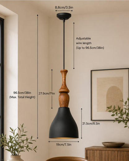 Scandinavian Wooden Pendant Light with Black Metal Shade | Modern Mango Wood Hanging Ceiling Lamp for Kitchen Island, Dining Room, Living Room, Bedroom, Café, Restaurant & Home Decor