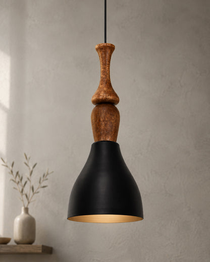 Scandinavian Wooden Pendant Light with Black Metal Shade | Modern Mango Wood Hanging Ceiling Lamp for Kitchen Island, Dining Room, Living Room, Bedroom, Café, Restaurant & Home Decor