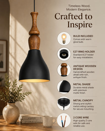 Scandinavian Wooden Pendant Light with Black Metal Shade | Modern Mango Wood Hanging Ceiling Lamp for Kitchen Island, Dining Room, Living Room, Bedroom, Café, Restaurant & Home Decor