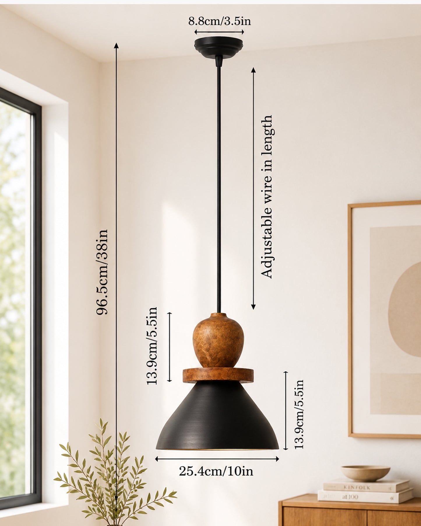 Homesake® Scandinavian Wooden Pendant Light with Black Metal Shade | Modern Mango Wood Hanging Ceiling Lamp for Dining Room, Kitchen Island, Living Room, Bedroom, Café, Restaurant & Home Decor