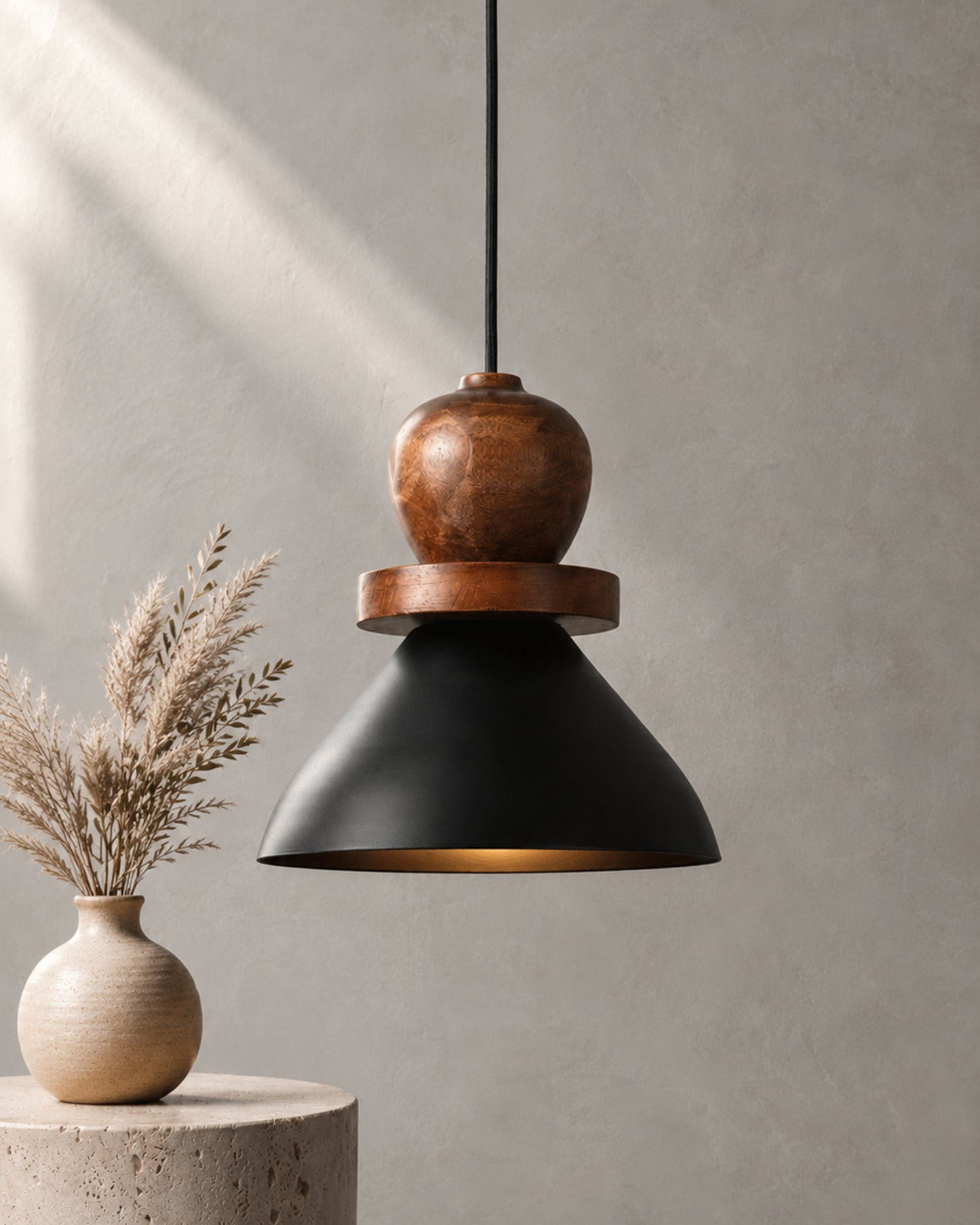 Homesake® Scandinavian Wooden Pendant Light with Black Metal Shade | Modern Mango Wood Hanging Ceiling Lamp for Dining Room, Kitchen Island, Living Room, Bedroom, Café, Restaurant & Home Decor