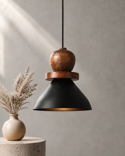 Homesake® Scandinavian Wooden Pendant Light with Black Metal Shade | Modern Mango Wood Hanging Ceiling Lamp for Dining Room, Kitchen Island, Living Room, Bedroom, Café, Restaurant & Home Decor
