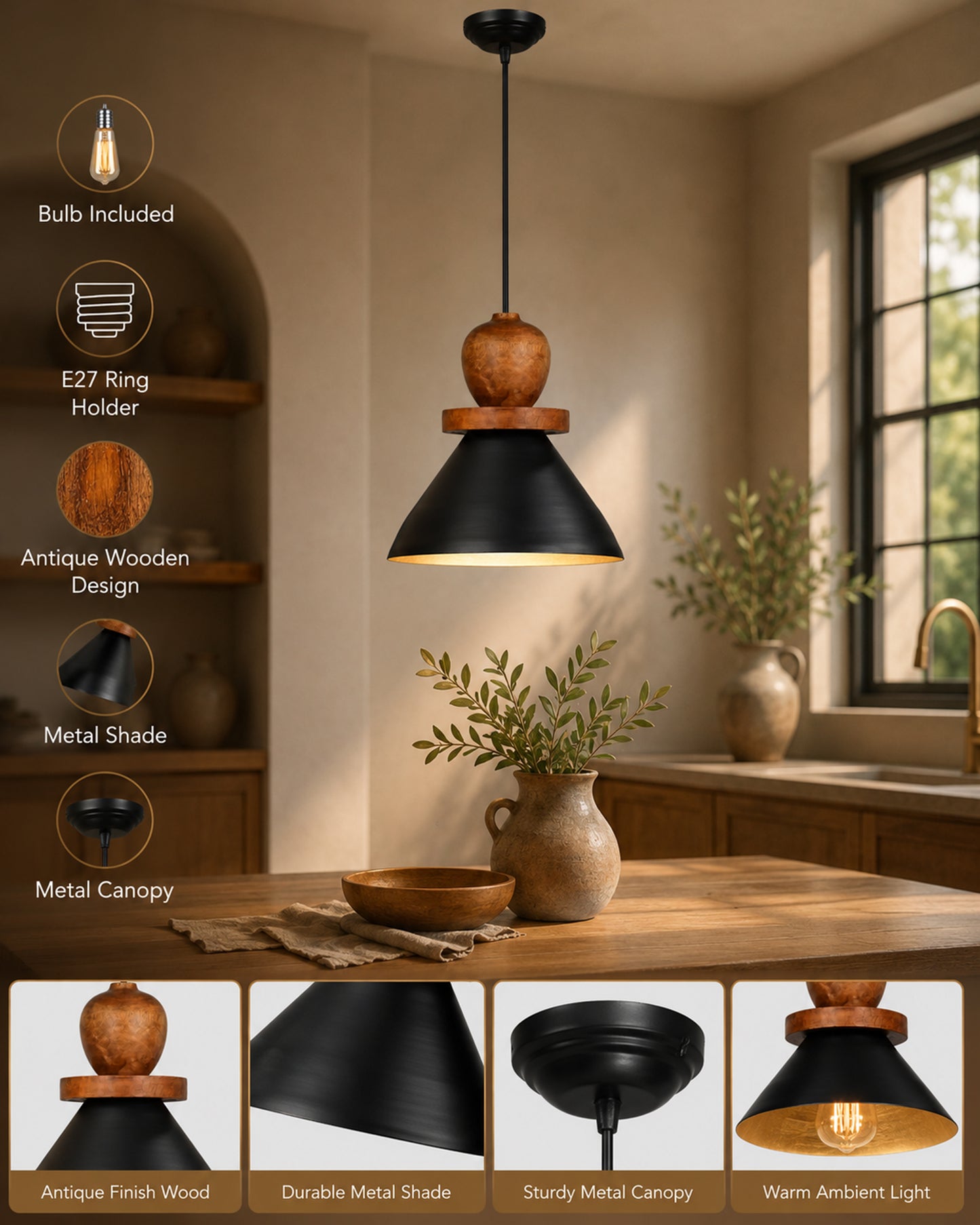 Homesake® Scandinavian Wooden Pendant Light with Black Metal Shade | Modern Mango Wood Hanging Ceiling Lamp for Dining Room, Kitchen Island, Living Room, Bedroom, Café, Restaurant & Home Decor