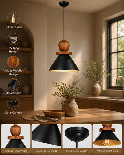 Homesake® Scandinavian Wooden Pendant Light with Black Metal Shade | Modern Mango Wood Hanging Ceiling Lamp for Dining Room, Kitchen Island, Living Room, Bedroom, Café, Restaurant & Home Decor