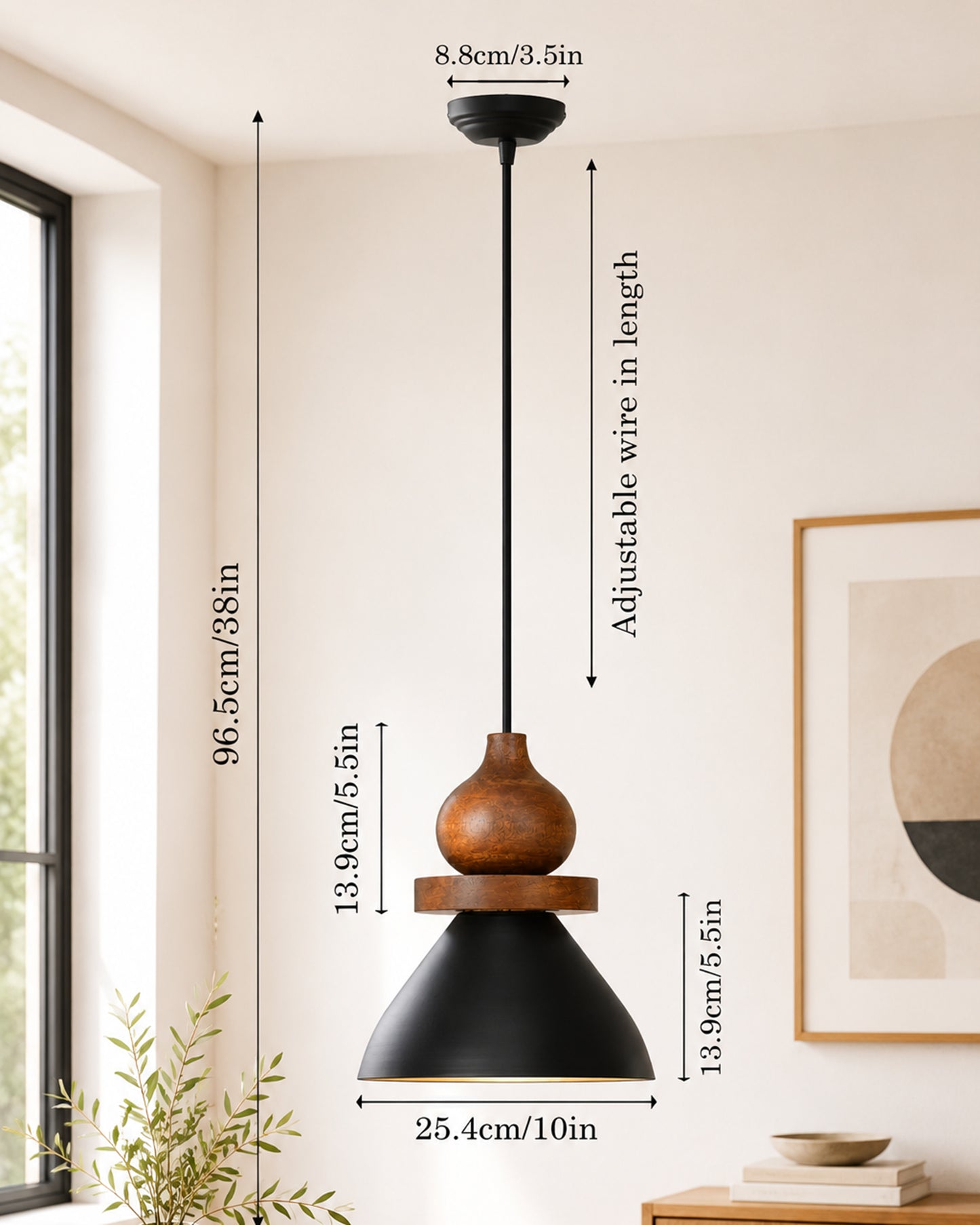 Homesake® Scandinavian Wooden Pendant Light with Black Metal Shade | Modern Mango Wood Hanging Ceiling Lamp for Dining Room, Kitchen Island, Living Room, Bedroom, Café, Restaurant & Home Decor