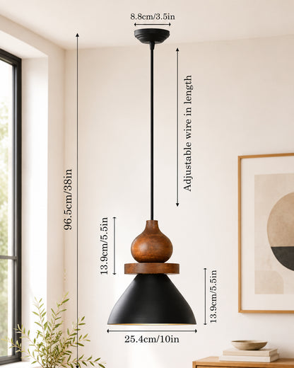 Homesake® Scandinavian Wooden Pendant Light with Black Metal Shade | Modern Mango Wood Hanging Ceiling Lamp for Dining Room, Kitchen Island, Living Room, Bedroom, Café, Restaurant & Home Decor