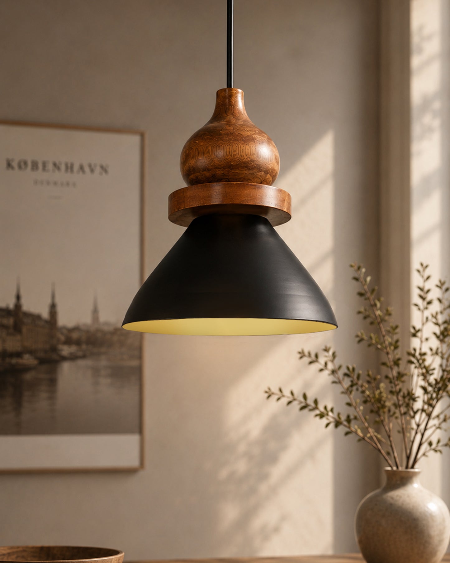 Homesake® Scandinavian Wooden Pendant Light with Black Metal Shade | Modern Mango Wood Hanging Ceiling Lamp for Dining Room, Kitchen Island, Living Room, Bedroom, Café, Restaurant & Home Decor