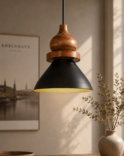Homesake® Scandinavian Wooden Pendant Light with Black Metal Shade | Modern Mango Wood Hanging Ceiling Lamp for Dining Room, Kitchen Island, Living Room, Bedroom, Café, Restaurant & Home Decor
