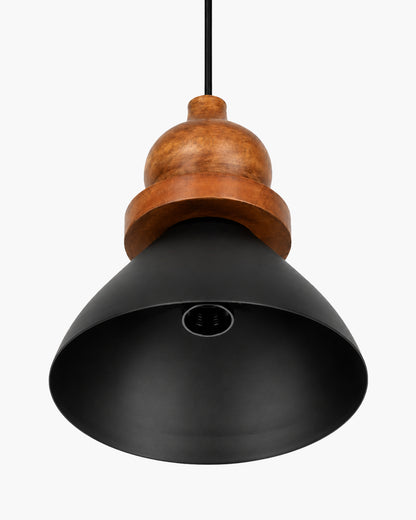 Homesake® Scandinavian Wooden Pendant Light with Black Metal Shade | Modern Mango Wood Hanging Ceiling Lamp for Dining Room, Kitchen Island, Living Room, Bedroom, Café, Restaurant & Home Decor