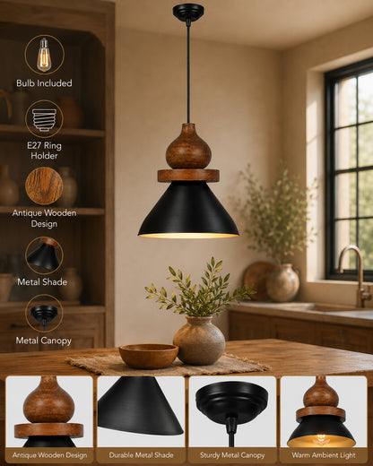 Homesake® Scandinavian Wooden Pendant Light with Black Metal Shade | Modern Mango Wood Hanging Ceiling Lamp for Dining Room, Kitchen Island, Living Room, Bedroom, Café, Restaurant & Home Decor