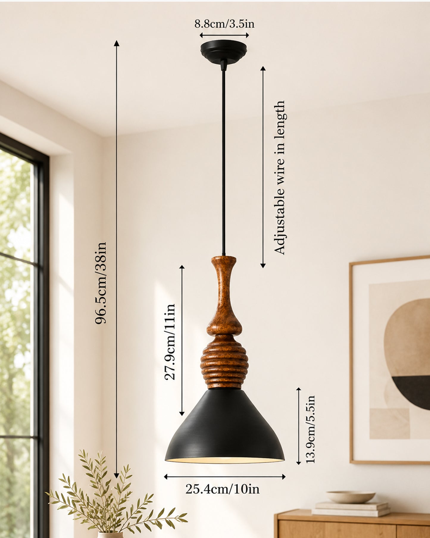 Homesake® Scandinavian Wooden Pendant Light with Black Metal Shade | Modern Mango Wood Hanging Ceiling Lamp for Dining Room, Kitchen Island, Living Room, Bedroom, Café, Restaurant & Home Decor