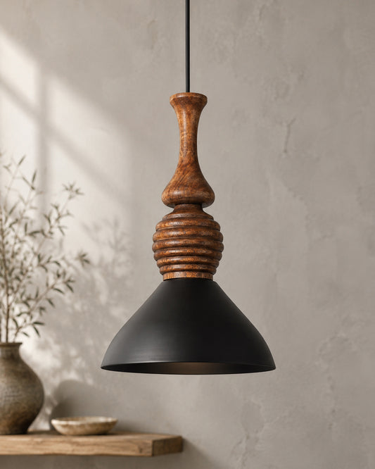 Homesake® Scandinavian Wooden Pendant Light with Black Metal Shade | Modern Mango Wood Hanging Ceiling Lamp for Dining Room, Kitchen Island, Living Room, Bedroom, Café, Restaurant & Home Decor