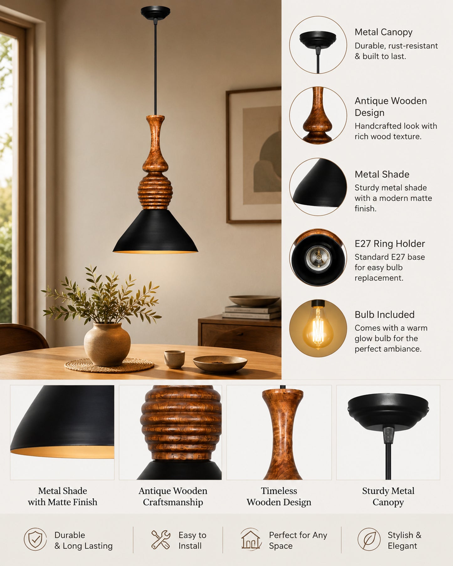 Homesake® Scandinavian Wooden Pendant Light with Black Metal Shade | Modern Mango Wood Hanging Ceiling Lamp for Dining Room, Kitchen Island, Living Room, Bedroom, Café, Restaurant & Home Decor
