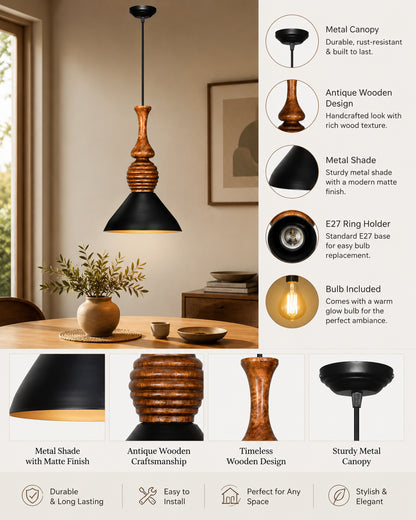 Homesake® Scandinavian Wooden Pendant Light with Black Metal Shade | Modern Mango Wood Hanging Ceiling Lamp for Dining Room, Kitchen Island, Living Room, Bedroom, Café, Restaurant & Home Decor