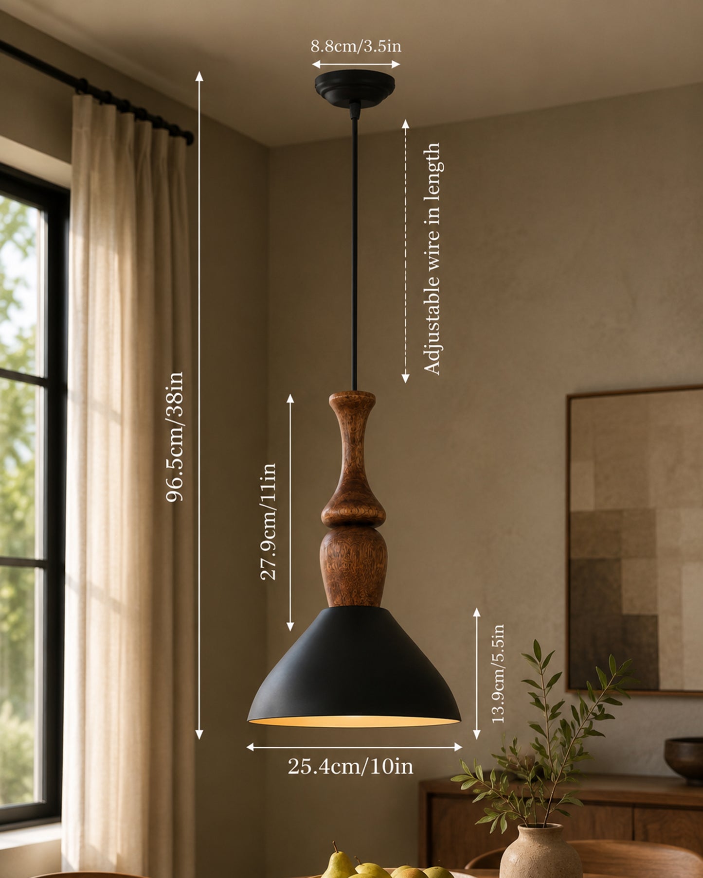 Homesake® Scandinavian Wooden Pendant Light with Black Metal Shade | Modern Mango Wood Hanging Ceiling Lamp for Dining Room, Kitchen Island, Living Room, Bedroom, Café, Restaurant & Home Decor