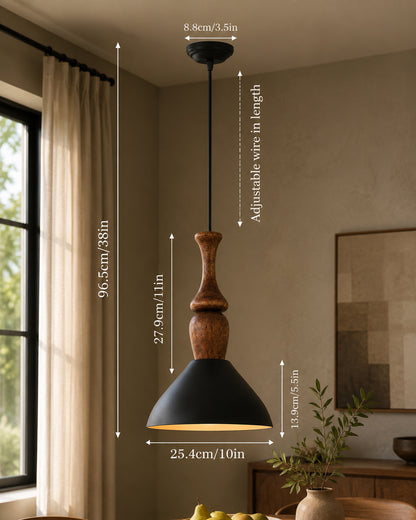 Homesake® Scandinavian Wooden Pendant Light with Black Metal Shade | Modern Mango Wood Hanging Ceiling Lamp for Dining Room, Kitchen Island, Living Room, Bedroom, Café, Restaurant & Home Decor