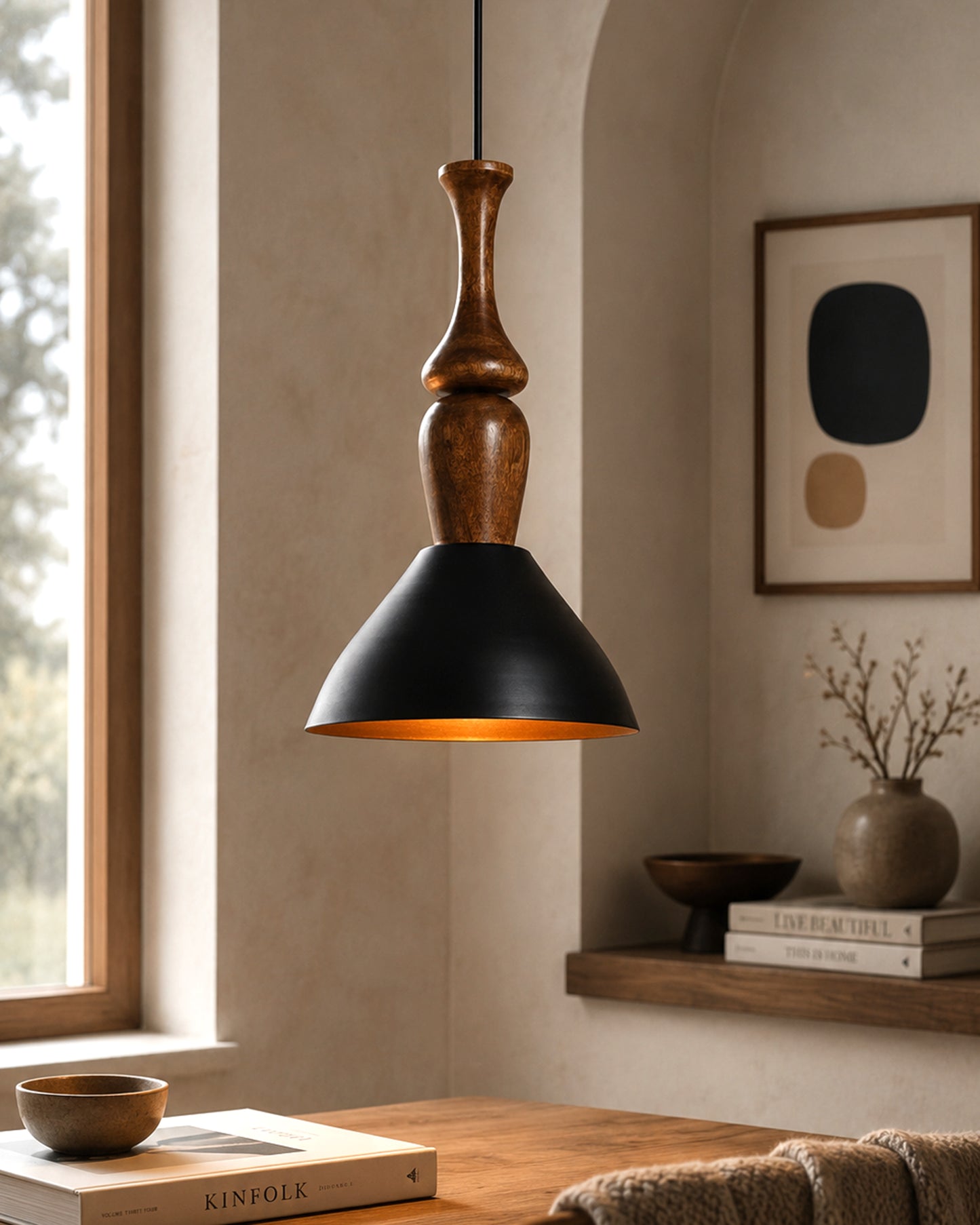 Homesake® Scandinavian Wooden Pendant Light with Black Metal Shade | Modern Mango Wood Hanging Ceiling Lamp for Dining Room, Kitchen Island, Living Room, Bedroom, Café, Restaurant & Home Decor
