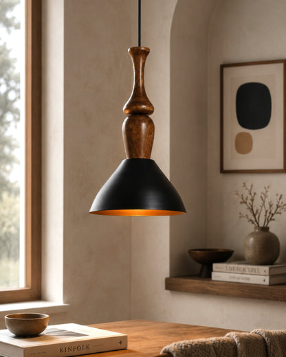 Homesake® Scandinavian Wooden Pendant Light with Black Metal Shade | Modern Mango Wood Hanging Ceiling Lamp for Dining Room, Kitchen Island, Living Room, Bedroom, Café, Restaurant & Home Decor
