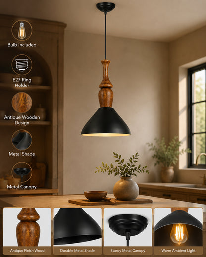 Homesake® Scandinavian Wooden Pendant Light with Black Metal Shade | Modern Mango Wood Hanging Ceiling Lamp for Dining Room, Kitchen Island, Living Room, Bedroom, Café, Restaurant & Home Decor